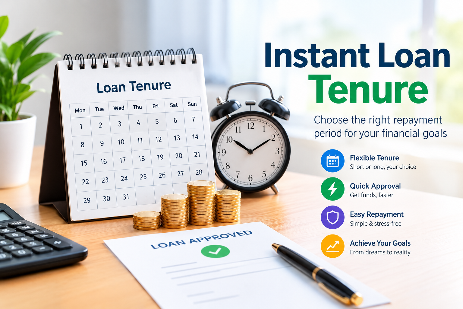 Instant loan tenure concept with a repayment calendar, coins, calculator, loan document, and clock illustrating flexible loan repayment periods.